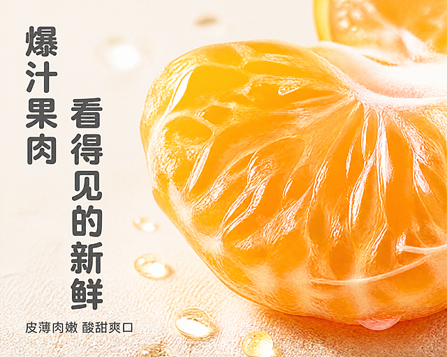 [第3屏] 细节图-橘子果肉切面特写。
[氛围/风格] 微距生鲜摄影，真实水润质感，强烈食欲感，画面聚焦果肉。
[元素布局] 一瓣切开的橘子果肉占据画面中心约70%区域，放大展示果肉纹理，果肉饱满通透，汁水丰盈，果瓣纹理清晰可见，橘皮在背景衬托。背景为浅米麻质地，保留整体浅色调，前景有少量自然溢出的果汁水珠，突出新鲜多汁的特点。
[光影质感] 侧前方柔光打亮，突出果肉晶莹剔透的水润质感，水珠形成高光点，果肉纹理清晰，明暗层次自然，真实不油腻。
[配色色系] 全局底色 #FAF6F0（浅米黄），保持和整套详情页一致；主体果肉：#FFAA33（橘果肉浅橙）+#FFFFFF（果瓤晶莹），保持主辅色和首屏一致，不新增颜色。
[视角构图] 微距特写视角，浅景深，焦点落在果肉纹理上，背景虚化，主体占比大，视觉冲击力强。
[文字版式] 左侧竖向主标题「爆汁果肉 看得见的新鲜」，右侧果肉特写，文字为圆角深灰色纯色填充，字体延续首屏风格，不遮挡果肉主体核心区域。底部小字副标题「皮薄肉嫩 酸甜爽口」，字号缩小，同样保持风格一致。
[比例分辨率] 宽度1000像素，高度800像素，4K分辨率，文字清晰可辨，超高清。
[负向提示词] 果肉干枯，纹理模糊，颜色失真，文字遮挡主体，变形，水印