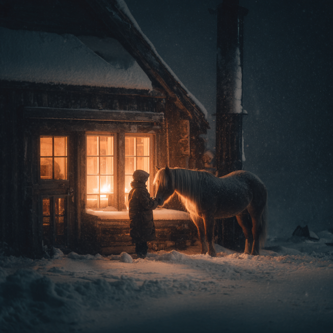 A cozy winter night scene with heavy snowfall, a warm fireplace glowing inside a wooden cabin, the w预览效果