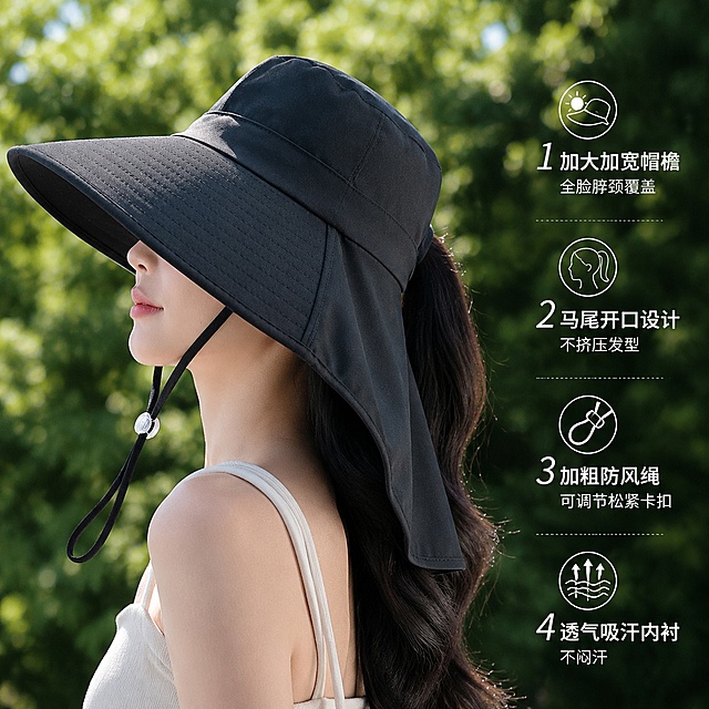 使用电商主图技能生成4张比例1:1的电商主图，适配平台为1688，商品为「图片1」「图片1」「图片1」「图片1」「图片1」，商品卖点为大檐遮阳防晒帽     UPF50+ 紫外线阻隔99%   加大加宽帽檐+护颈披肩   马尾开口设计      加粗防风绳+可调节扣   透气吸汗带，