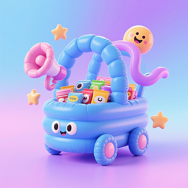 主视觉蓝色卡通物车，车内装满各种商品，环绕喇叭、笑脸、曲线、星星等3d装饰元素，浅蓝粉紫循环渐变背景