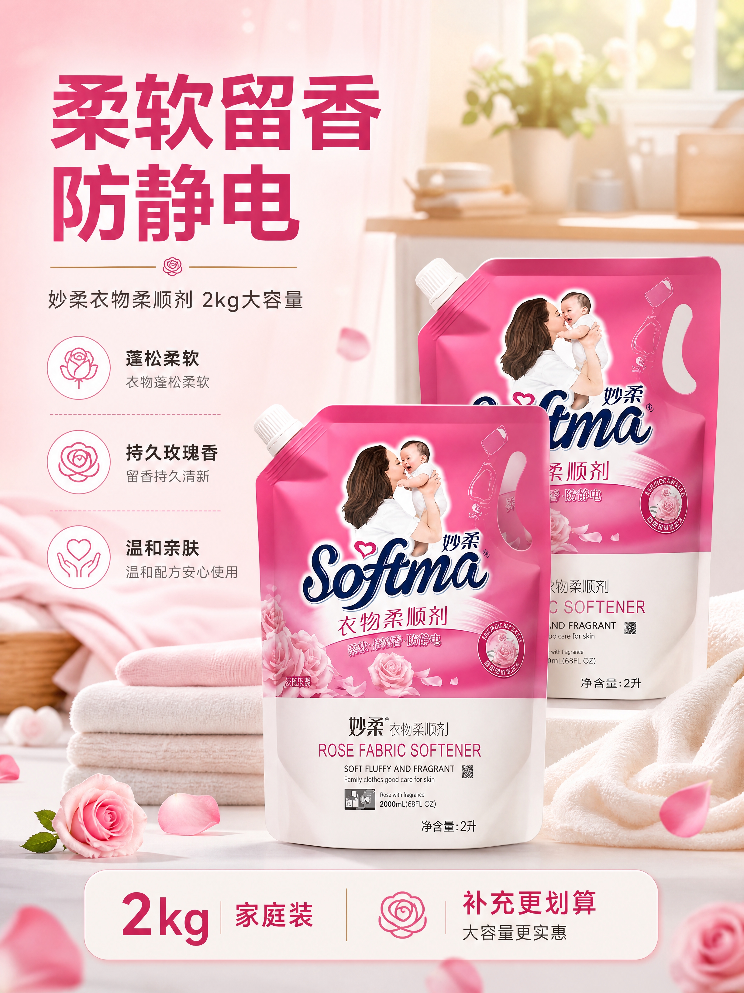 [商品] 使用【图1】妙柔衣物柔顺剂2kg袋装（2袋同款）；保… - 图片创意预览