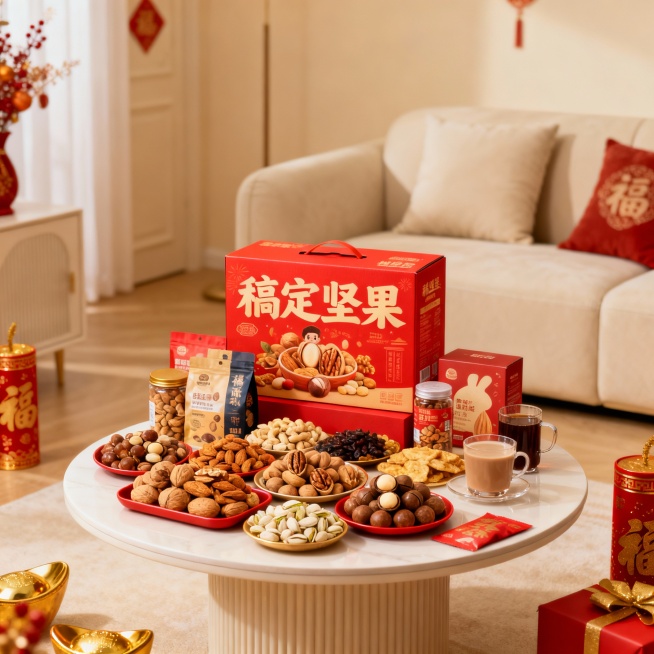 电商主题海报，纯画面图，不需要添加文字；核心元素：年货组合（坚果礼盒、零食包装、饮品，商品名称稿定坚果）、背景，春节氛围下的奶油风客厅内茶几上摆放着年货组合；背景奶油风室内客厅。构图：年货组合居画面中预览效果