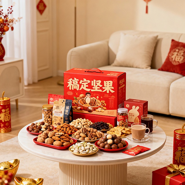 电商主题海报，纯画面图，不需要添加文字；核心元素：年货组合（坚果礼盒、零食包装、饮品，商品名称稿定坚果）、背景，春节氛围下的奶油风客厅内茶几上摆放着年货组合；背景奶油风室内客厅。构图：年货组合居画面中下部作视觉焦点，前面坚果摆盘丰富，紧凑，茶几上作新春装饰环绕烘托氛围，视觉热闹且突出产品。感饱满（年货包装细节、装饰元素光泽、背景氛围），传递热闹年味。产品之间的距离紧凑一些；画面背景简约，颜色色系统一；画面色彩：正红 + 鎏金 + 坚果暖棕为主，色调浓郁喜庆。拍摄角度：低角度，以坚果礼盒为视觉中心。背景虚化。