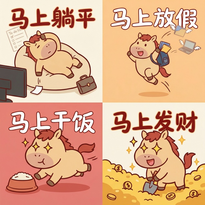 治愈系扁平化插画风格，一张马年新春热梗四宫格表情包插画。

画面为一个正方形画布，被均匀分成四个小格子（四宫格布局），每个格子中都是同一只可爱拟人化的小马角色，角色形象保持一致：大头小身体，圆润比例，预览效果