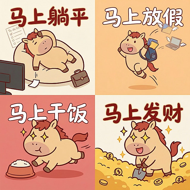 插画风拟人马形象，描边简约设计，融合可爱卡通感与趣味谐音梗，大字风标题强化节日祝福氛围，传递轻松愉悦的节庆情绪。