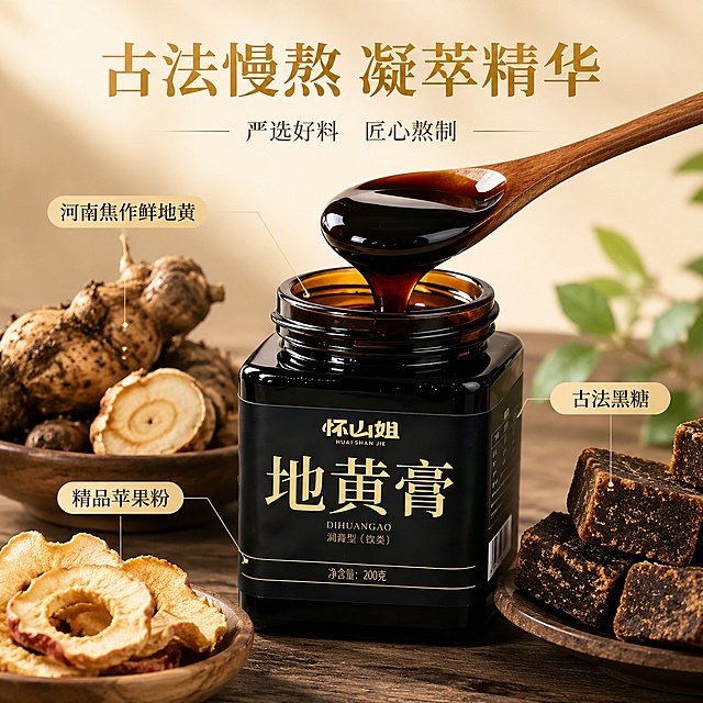 [主图-3] 地黄膏成分与工艺细节展示。
[氛围风格] 干净通透品质风，突出纯粹无添加
[画质] 商业摄影质感、光线柔和通透、产品清晰真实、画面干净高级
[元素] 中心为打开瓶盖的地黄膏瓶，勺子舀出浓稠膏体展示凝萃质感，周围环绕三种核心原料：新鲜地黄块根、苹果干块、古法黑糖块，明确展示配方组成。保持地黄膏产品外观（物理结构、材质质感、颜色）与输入产品图绝对一致，杜绝任何变形和色差，精细化处理。商品主体占比约70%，画面元素清晰分布，不拥挤。
[光影] 柔和侧逆光，突出膏体浓稠光泽和原料真实纹理，通透不灰蒙，高光点出质感
[配色] 深黑瓶身搭配原料自然色彩，膏体深褐温润，整体协调自然，突出天然感
[视角构图] 中心平视构图，膏体细节为焦点，景深较浅突出主体细节
[文字版式] 采用引线标注方式，分别指向三种原料：“河南焦作鲜地黄”“精品苹果粉”“古法黑糖”，画面顶部大字“古法慢熬 凝萃精华”，字体简洁有力，金色突出，文字不遮挡膏体核心展示区，清晰可读。
[输出要求] 1:1比例，文字清晰可辨，超高清商业摄影质感
[负向提示词] 变形，文字错乱，产品图模糊，背景杂乱，水印，电商平台Logo，绝对化违禁词，疾病治疗宣传