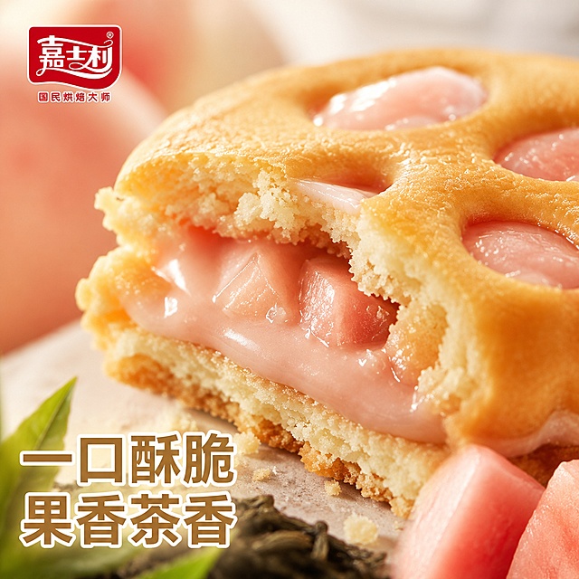 [主图-3] 夹心饼干细节微距特写
[氛围风格] 微距质感，放大果香食欲感
[画质] 商业摄影质感、光线柔和通透、产品清晰真实、画面干净高级，细节纹理清晰可见
[元素] 微距特写饼干咬过一口的断面，清晰展示酥脆饼层的纹理和白桃乌龙夹心的饱满湿润质地，饼干边缘可见自然掉渣，夹心微微流出，点缀小块水蜜桃果肉增加真实感，真实还原食用状态。背景虚化模糊处理，只突出断面细节，保持饼干原有颜色和质感与原图一致。商品主体占比约80%。左上角保留原品牌Logo。
[光影] 暖阳侧逆光，勾勒饼干轮廓，突出白桃夹心的水润光泽和饼皮的酥脆纹理。
[配色] 饼干暖金色、夹心粉桃色，搭配背景浅虚化米调，突出主体细节，乌龙深绿点缀。
[视角构图] 微距特写，焦点锁定夹心断面，景深较浅，突出细节质感。
[文字版式] 画面左下负空间放置大字文案「一口酥脆 果香茶香」，字体清晰不遮挡核心细节。
[输出要求] 1:1 比例，文字清晰锐利，超高清商业摄影质感。
[负向提示词] 变形，文字错乱，产品图模糊，背景杂乱，水印，电商平台Logo
