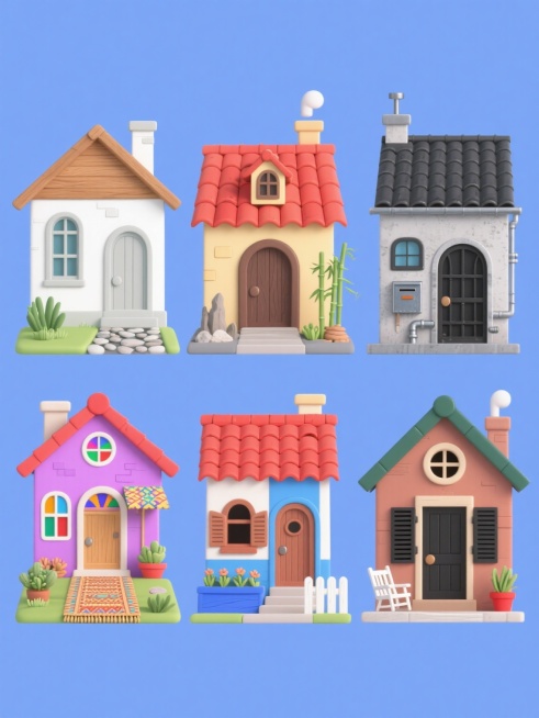 一套6个不同装修风格的卡通小房子系列素材集合，每个房子均保持相同的基本结构：带红色瓦片屋顶、烟囱、拱形门廊、窗户和门前小路，整体采用可爱圆润的卡通风格，扁平设计与轻微立体阴影结合，色彩鲜明柔和。6个房子整齐排列，每个房子拥有独特的整体色彩方案和装修细节：1. 北欧简约风：白色主体搭配原木色屋顶和浅灰色门窗，门前有小鹅卵石路径和简约绿植；2. 日式禅意风：米黄色墙体配深棕色屋顶，木质门窗，门前有……预览效果