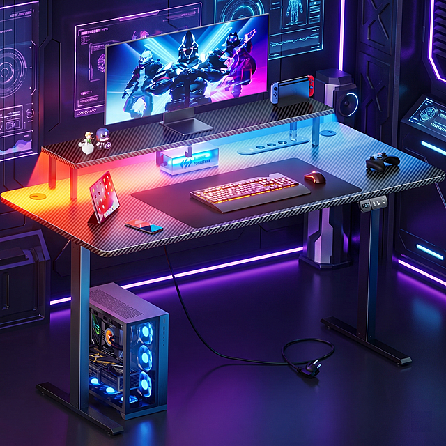 [Main Image 1] RGB LED Gaming Standing Desk with Top Shelf. Atmospheric cyberpunk gaming room, dark modern gaming setup. Keep the original product's physical structure, material texture, carbon fiber tabletop, color gradient LED light, height control panel, and all product details completely consistent, absolutely no deformation or color difference, fine processing. Product subject accounts for about 75% of the picture. Full screen no border.  Commercial photography texture, clear product, high-definition details, cool cyberpunk lighting atmosphere, main light comes from the product's own LED light, supplemented by ambient purple blue ambient light, rich contrast between light and dark, high-tech gaming style. Color matching: main color dark carbon fiber black, auxiliary color cool blue purple LED gradient light. Perspective composition: 45-degree front overlook, clear layers, product complete no cutting. All text is in English, comply with Amazon cross-border e-commerce platform regulations, no additional marketing text, no extra logo. 1:1 ratio, 2K resolution, super high-definition. Negative prompt: deformation, watermark, text confusion, blurred product image, cluttered background.