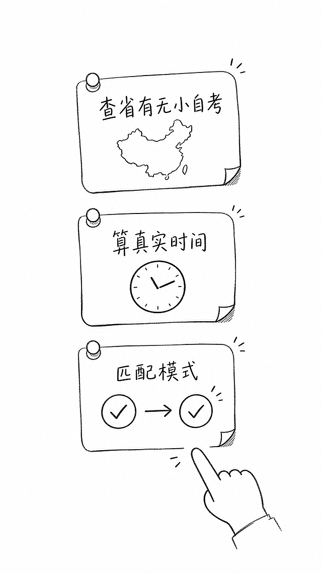 手绘涂鸦风格，极简简笔画，黑白线稿，随意铅笔线条，温馨日记漫画风格，干净白色背景，大量留白，纯线条艺术，9:16竖屏，纵向排列三张便签卡片：第一张写"查省有无小自考"，配简单省份轮廓；第二张写"算真实时间"，配简单时钟简笔；第三张写"匹配模式"，配对勾加箭头，一根手指箭头指向第三张卡片，整体线条疏朗有力