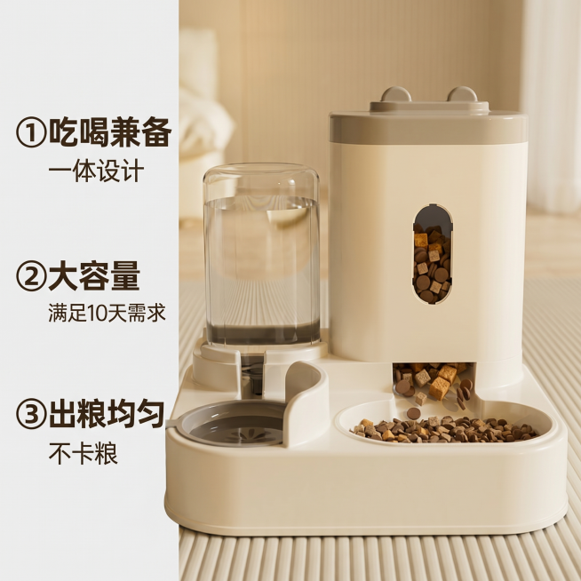 [主图 2] 宠物自动喂食器核心功能卖点展示。[氛围风格] 简约干净实用风，和首图风格光影统一。[画质] 商业摄影质感、光线柔和通透、产品清晰真实、画面干净高级。[元素] 米白色宠物自动喂食器居中放置预览效果