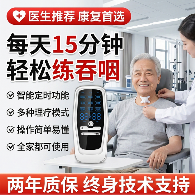 电商主图，偏瘫吞咽低频康复训练仪，保留原仪器样式不变，场景为康复中心治疗室，中老年男性模特喉咙贴吞咽电极片，顶部红色标签写“医生推荐 康复首选”，核心大标题为“每天15分钟 轻松练吞咽”，左侧标注卖点预览效果
