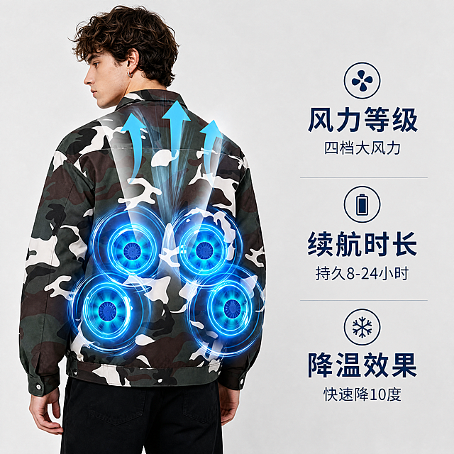 [主图-2] 风扇服功能参数展示图
[氛围风格] 清晰产品展示，专业功能呈现风格
[画质] 商业摄影质感、光线柔和通透、产品清晰真实、画面干净高级
[元素] 保持原商品外观：迷彩翻领风扇服，后背四风扇蓝光合感对流效果，与输入产品图物理结构、材质质感、颜色绝对一致，杜绝任何变形和色差，精细化处理。保持同一位模特，近景展示后背风扇区域，突出四个风扇结构和透气循环效果，商品主体占比约75%，画面满屏无边框。左侧为模特产品展示，右侧竖向排列参数卖点
[光影] 均匀柔和棚拍光影，突出风扇结构和材质，蓝色风扇发光效果清晰自然，明暗层次分明
[配色] 保留产品迷彩原配色，右侧背景浅灰留白，突出文字信息
[视角构图] 后背平视近景构图，主体突出，文字区域留白清晰，不裁切主体
[文字版式] 右侧浅灰底直排三个参数模块，无粗色块：第一个「风力等级」「四档大风力」，第二个「续航时长」「持久8-24小时」，第三个「降温效果」「快速降10度」。每个模块大字标题小字说明，深蓝字配浅灰底对比清晰，不遮挡产品主体
[比例分辨率] 1:1比例，4K分辨率，文字清晰锐利，超高清
[负向提示词] 变形，水印，文字错乱，产品图模糊，背景杂乱，遮挡主体