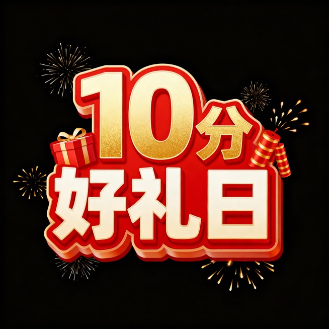字体设计“10分好礼日”背景纯黑，10和好礼日字体一样大，分字体小一点，笔画圆润，字体端正。以红色为主色调，搭配金色和米白色，，红色热烈喜庆，金色凸显华贵，米白色柔和过渡，层次丰富。字体边缘有立体效果预览效果