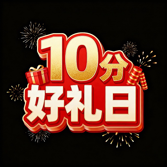 字体设计“10分好礼日”背景纯黑，10和好礼日字体一样大，分字体小一点，笔画圆润，字体端正。以红色为主色调，搭配金色和米白色，，红色热烈喜庆，金色凸显华贵，米白色柔和过渡，层次丰富。字体边缘有立体效果，像是跃出画面。两侧点缀着礼品盒，鞭炮、烟花元素，还有飞溅的火花装饰。