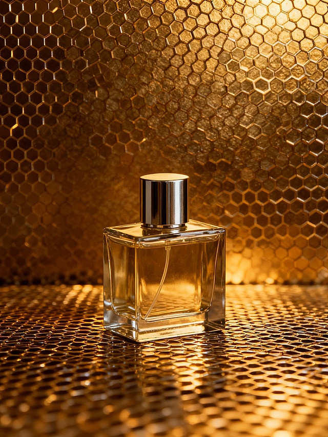 高端护肤产品商业摄影，背景是鎏金质感六边形金属网格，铺满整个背景，呈现出细腻的拉丝金属肌理，光线照射下网格边缘反射出暖调金色高光，整体背景带有低调的金属磨砂光泽