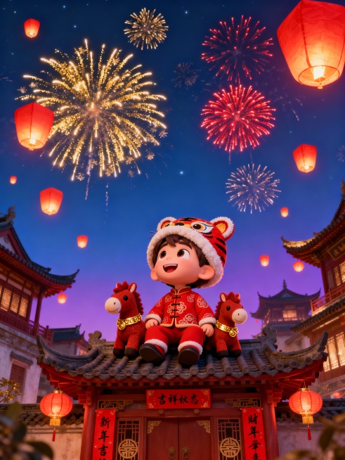 3D 卡通风格，迪士尼萌系渲染，国风新年主题。主体：Q 版可爱小男孩，身着红色中式新年服饰、头戴虎头帽，笑容灿烂坐在中式古建筑屋顶，身旁依偎两只红棕色卡通小马玩偶（马年元素），仰头望向夜空。场景：夜晚预览效果