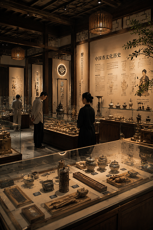 参考图中的新中式东方美学风格，生成一张非遗香文化展厅的配图，画面展示宽敞雅致的非遗文化展厅空间，木质展柜中陈列着各式古法制香工具、老香具、陶瓷香罐、线香、香牌等展品，墙面有香文化历史介绍图文与非遗标识，空间中有参观者驻足观赏，暖光照明，整体氛围庄重典雅有文化底蕴，体现非遗展厅·文化空间主题，写实摄影风格，2:3竖版构图