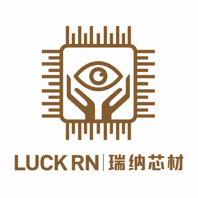 基于参考图重新设计瑞纳芯材的平面2D LOGO，保持整体风格专业严谨、积极向上，将原有LOGO中间的化学式改造为眼睛形状，在眼睛两侧添加手部造型，保留芯片外轮廓以及品牌名LUCK RN|瑞纳芯材，配色预览效果