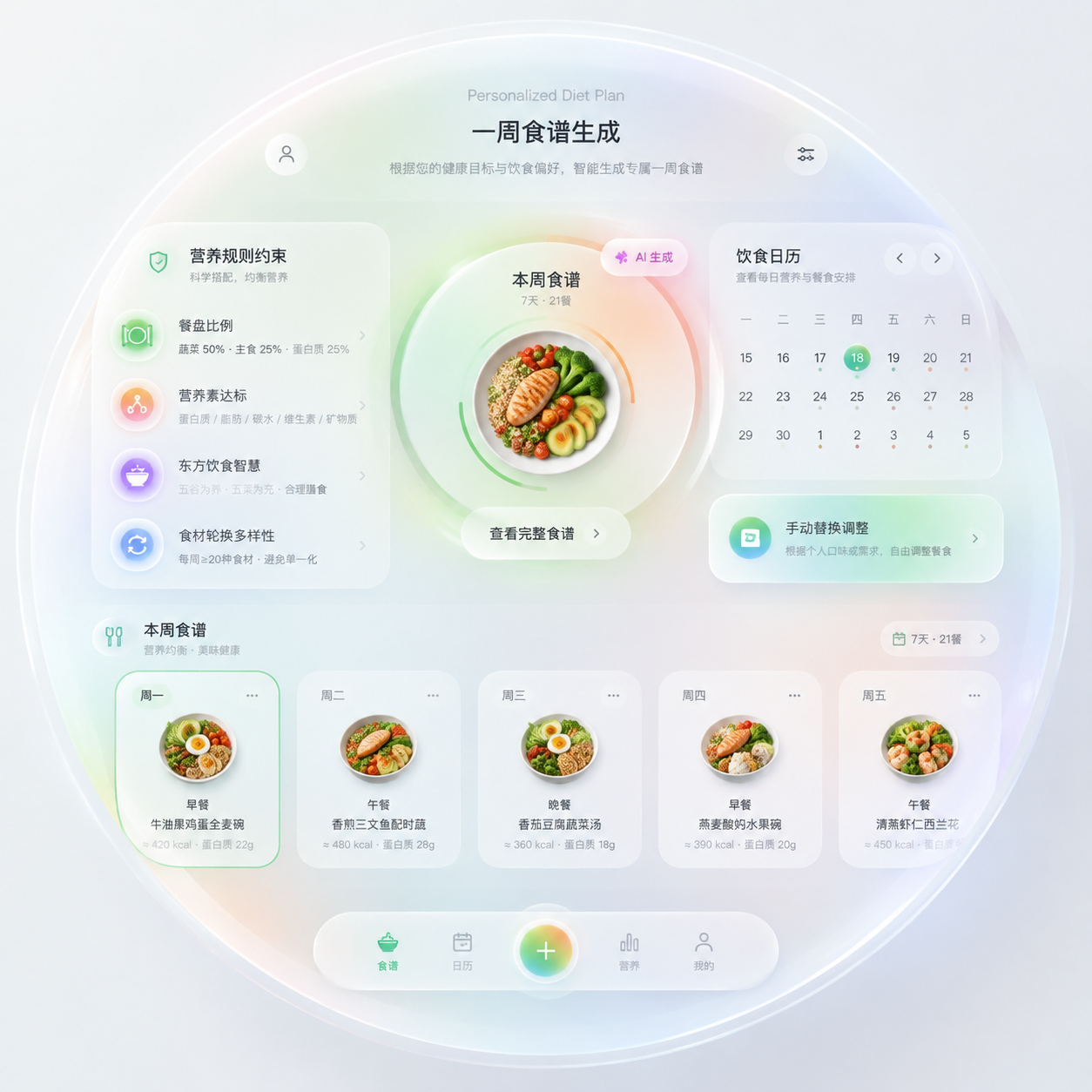 膳食类软件个性化规划页面，圆形界面设计，1080x1080尺寸… - 图片创意预览