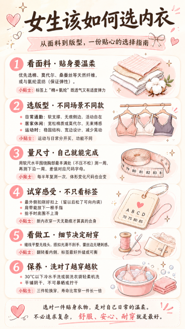 9:16比例中文信息图海报，主题为"女生该如何选内衣"，整体风格温柔、清晰、实用，主色调为浅米、淡粉与柔灰，配有简约的线条插图，无人体轮廓，无手势，无身体部位示意。内容结构：
主标题："女生该如何选内预览效果