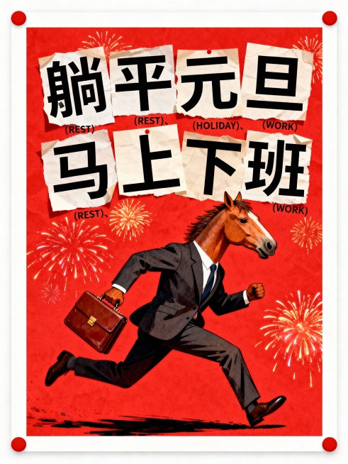 主体是 “马头 + 西装” 的趣味形象，夹着公文包向前跑。画面上方拼贴风文案 “躺平元旦 马上下班”，每个字单独印在一张纸上，错落分布。文案旁标注“ (REST)、(HOLIDAY)、(WORK) ”预览效果