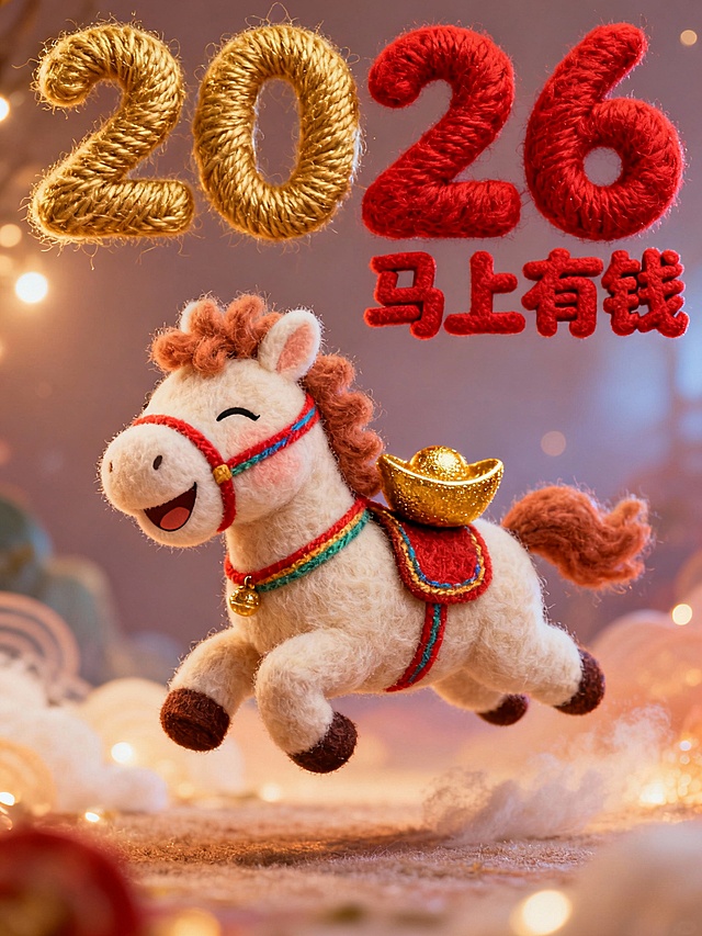 毛绒质感的卡通小马驮着金元宝跃然飞驰，搭配毛线编织的“2026马上有钱”字样，融合软3D与重拟物风，营造喜庆梦幻的春节氛围。