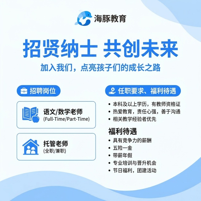 海豚教育教师招聘海报，蓝色主色调#1F7AFF，白色打底，简约专业风格，顶部放置品牌LOGO，主标题“招贤纳士 共创未来”，内容包含招聘岗位：语文/数学老师、托管老师，任职要求、福利待遇清晰，整体设计预览效果