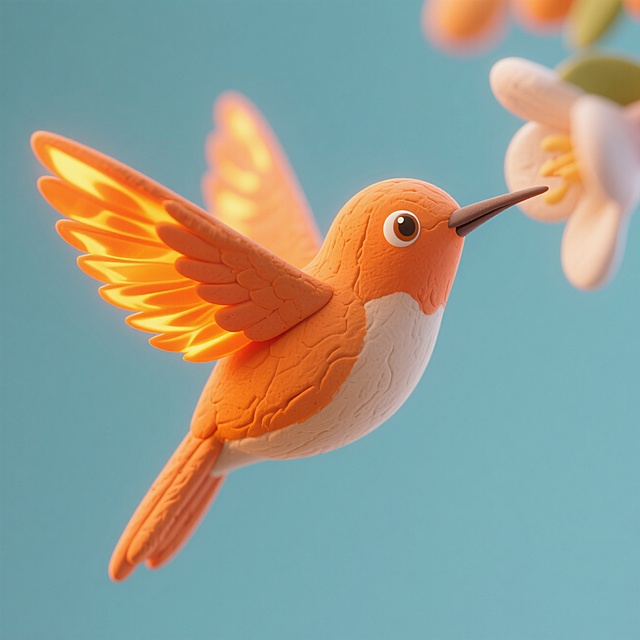 软3D风卡通蜂鸟，可爱大眼，橙白相间，轻盈飞翔，背景清新。