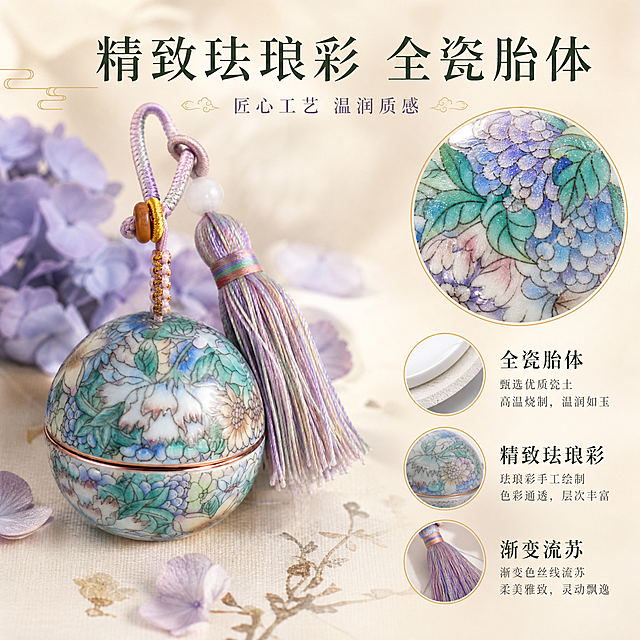[主图-2] 国风万花款珐琅彩陶瓷分装罐钥匙扣挂件 核心工艺卖点 展示精致珐琅彩与全瓷胎体材质
[统一基调] 国风雅致精致风格，背景为浅米杏色柔焦新中式场景，点缀淡紫色绣球花瓣与浅金纹理，主色调用紫蓝绿珐琅彩呼应产品，标题字色为深墨绿，辅助字色为灰紫，强调色为玫瑰金，字体使用雅致宋体衬线体，字号层级分明，整体温润高级有仪式感
[画面] 产品位于画面左侧，主体占比约55%，侧面特写视角，重点展示罐体珐琅彩花纹细节与陶瓷胎体质感。右侧放大展示罐体局部珐琅彩花纹微距效果，蓝绿紫渐变花瓣纹理清晰，釉面通透有光泽。下方配工艺说明图标组：第一个图标是陶瓷胎体截面示意，配文「全瓷胎体」；第二个图标是珐琅彩工艺示意，配文「精致珐琅彩」；第三个图标是流苏细节，配文「渐变流苏」。背景为浅米杏色，底部有淡淡的水墨花枝剪影
[光影质感] 商业摄影微距柔光质感，主光从左上方打亮陶瓷釉面，珐琅彩花纹色彩饱和通透，陶瓷胎体温润如玉，微距细节清晰可见，釉面有细腻高光，整体光影干净有层次
[配色] 背景浅米杏色，产品珐琅彩蓝绿紫渐变为主，玫瑰金线条点缀，文字深墨绿与灰紫搭配，图标用浅金描边
[文字版式] 顶部横排主标题「精致珐琅彩 全瓷胎体」，深墨绿色雅致宋体，字号较大。标题下方一行辅助文案「匠心工艺 温润质感」，灰紫色小字号。右侧三个工艺图标竖向排列，每个图标下方对应说明文字，深墨绿色小号字。文字均不遮挡产品主体
[输出要求] 1:1正方形比例，文字清晰可读，产品细节清晰，微距效果真实。禁止变形、错字、模糊、杂乱、水印、平台Logo、廉价感