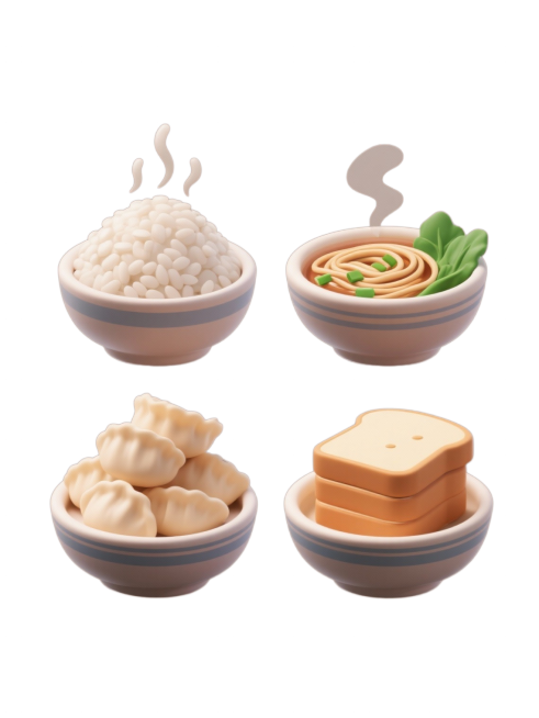 四个软3D风格食物图标规整排布在纯色背景上，保持相同的粗线条手绘风格，每个图标均以碗状容器为主体元素，采用简洁配色。所有图标采用统一的剪影处理和轮廓线条，整体呈现协调一致的系列感。第一个图标是热气腾腾预览效果