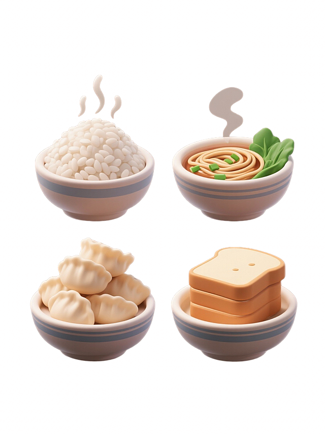 四个软3D风格食物图标规整排布在纯色背景上，保持相同的粗线条手绘风格，每个图标均以碗状容器为主体元素，采用简洁配色。所有图标采用统一的剪影处理和轮廓线条，整体呈现协调一致的系列感。第一个图标是热气腾腾的米饭，碗中盛满饱满的米粒，顶部有几缕向上飘散的热气线条；第二个图标是冒着香气的面汤，碗内有波浪状的面条，汤面上漂浮着绿色的葱花和几片菜叶，热气氤氲；第三个图标是堆叠的饺子，数个半月形饺子整齐地堆叠在碗中；第四个图标是切片的面包，几片长方形的面包片叠放在碗状容器内。所有图标线条圆润流畅，色彩明快且统一，具有清晰的视觉层级和高效的信息传达效率，整体设计简洁可爱，适合作为餐饮相关的系列图标使用。