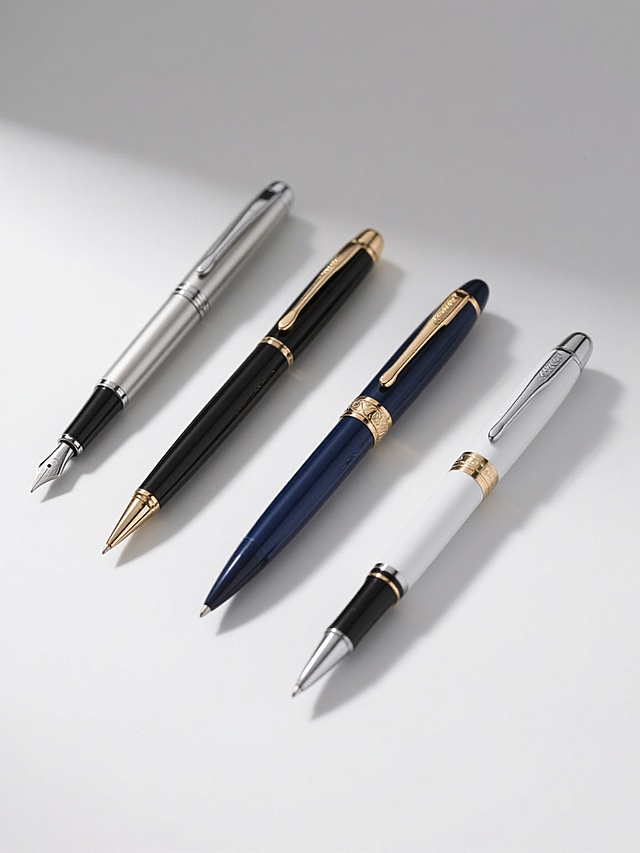 4支不同样式、不同风格、不同配色的钢笔，排列整齐，白色背景，高分辨率产品摄影，写实主义风格，金属与树脂材质质感，清晰的光影过渡，锐利的边缘细节，专业商业静物拍摄，简约构图，钢笔细节清晰可见，无任何文字和logo，高品质渲染效果