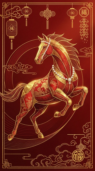 单个具有国潮非遗元素风格的新年氛手机壁纸插画，画面中融入丰富的中国传统元素，如喜庆的红色、金色为主色调，以细腻的笔触勾勒出精美的图案，以奔腾的马为主题，搭配独特的中式构图，营造出新年过年的节日氛围，光预览效果