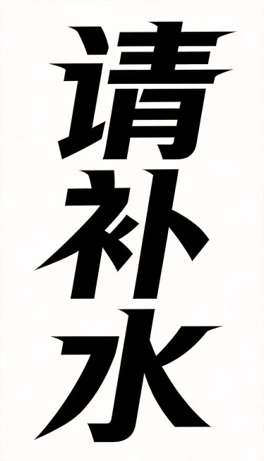 参考图中字体的创意设计风格，设计竖版排列的黑色"请补水"主题字，白色背景预览效果