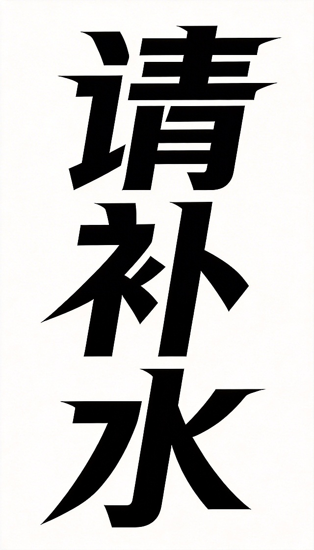参考图中字体的创意设计风格，设计竖版排列的黑色"请补水"主题字，白色背景