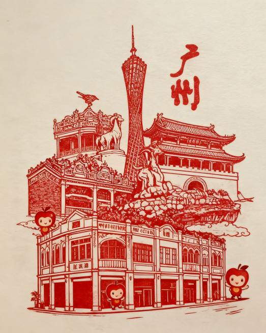 生成融合广州景点的印章，采用图中红色复古剪纸风格，将广州塔、五羊石像、陈家祠堂、北京路骑楼这些真实地标错落融合在一个画面中，加入苹果造型卡通人物作为点缀，整体层次丰富预览效果