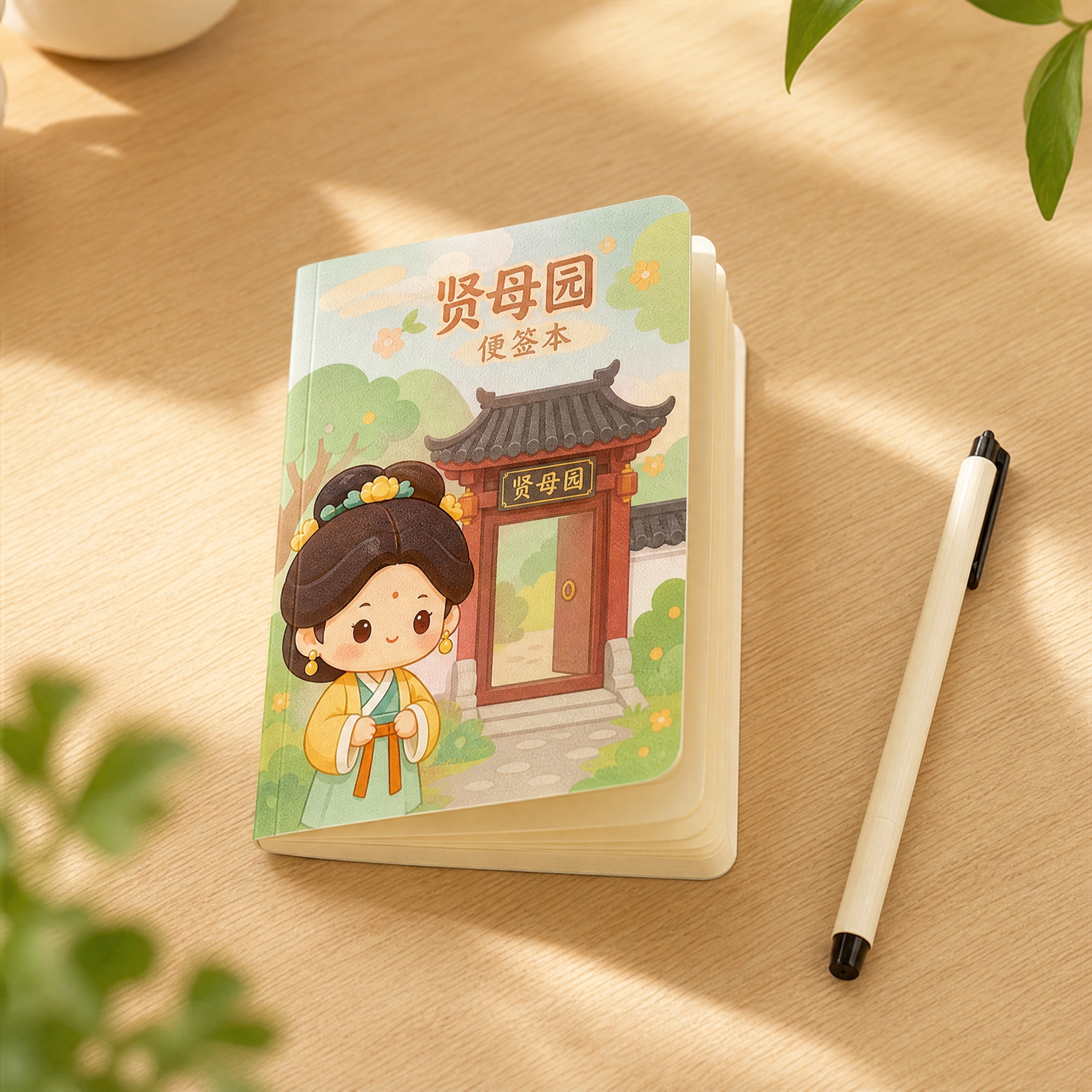 产品摄影图，一本口袋大小的随身便签本，封面印有贤母园Q版古风小… - 图片创意预览