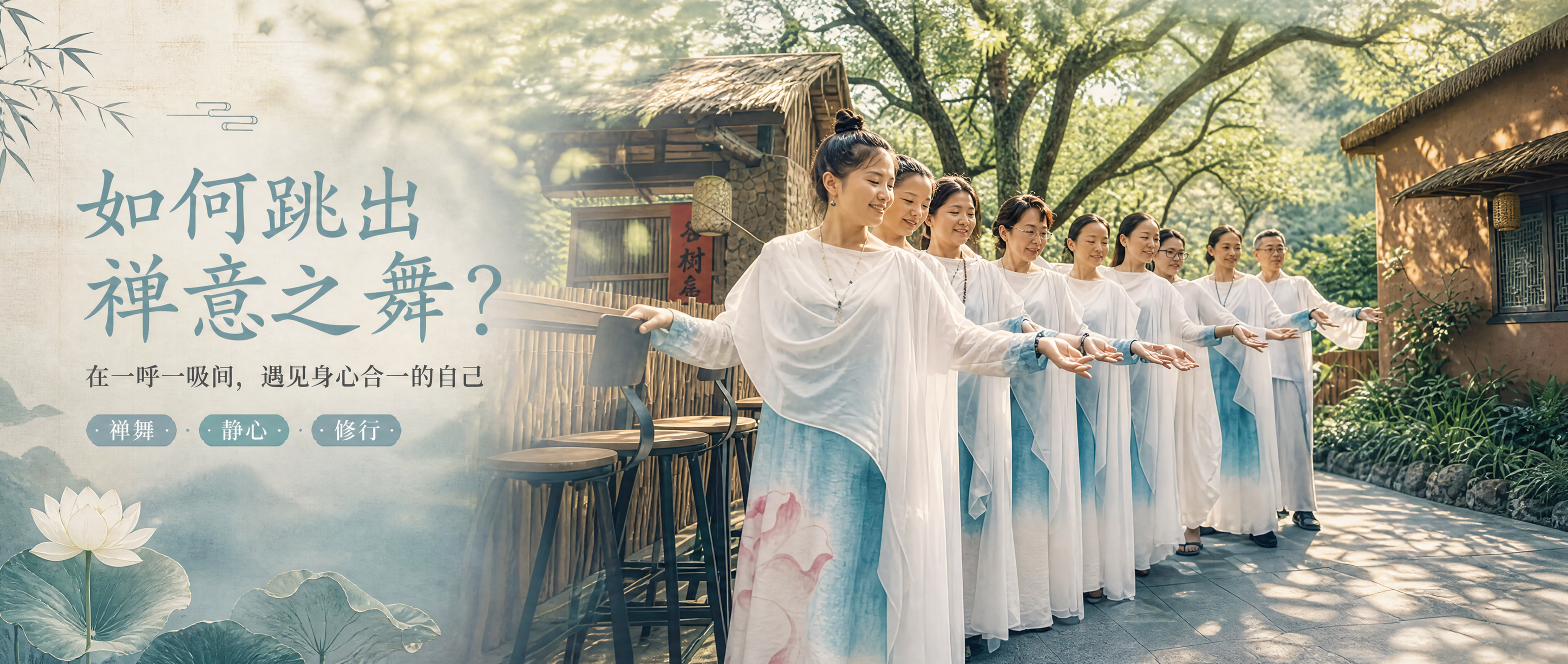 基于参考图制作公众号封面海报，保留图中禅舞人群的主体形象和自然… - 图片创意预览