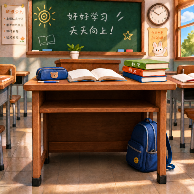移除图中所有人物（包括蹲在桌下的学生），仅保留教室环境：书桌、桌上的文具与书本、黑板、墙上的班级公约与加油标语、时钟、窗户、绿植、背包等背景元素；保持3D现代风格与光影效果不变预览效果