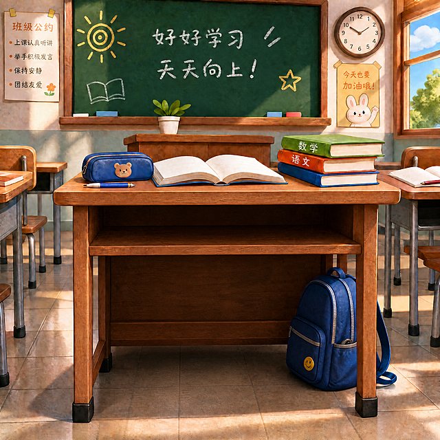 移除图中所有人物（包括蹲在桌下的学生），仅保留教室环境：书桌、桌上的文具与书本、黑板、墙上的班级公约与加油标语、时钟、窗户、绿植、背包等背景元素；保持3D现代风格与光影效果不变