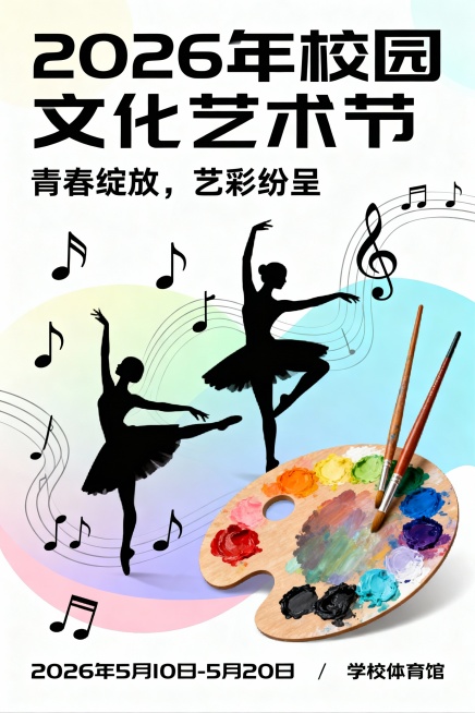 为学校“2026年校园文化艺术节”设计宣传海报，主题为“青春绽放，艺彩纷呈”，风格要求为“活力动感、色彩明快、现代简约风”，需包含活动名称、举办时间（2026年5月10日-5月20日）、举办地点（学校预览效果