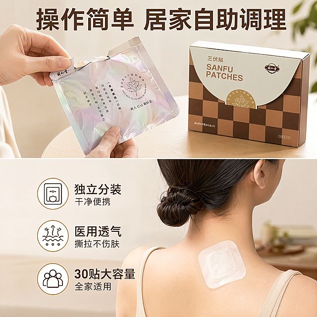 [主图-4] 蕲仁堂三伏贴使用体验卖点图。氛围风格：实用亲切，居家日常。画质：商业摄影质感，真实自然。元素：上下分区，上手撕铝箔袋演示，下展示贴肩颈穴位，礼盒放右上角，保持外观与原图一致，浅米色居家背景，突出独立分装、透气不伤肤。光影：柔和室内自然光，真实自然。配色：浅米色+自然肤色+棕咖，舒适自然。文字：顶部"操作简单 居家自助调理"粗体大字；底部三点：独立分装 干净便携，医用透气 撕拉不伤肤，30贴大容量 全家适用。文字不挡主体，清晰。比例：1:1 4K。负向提示：变形，水印，文字错乱，背景杂乱