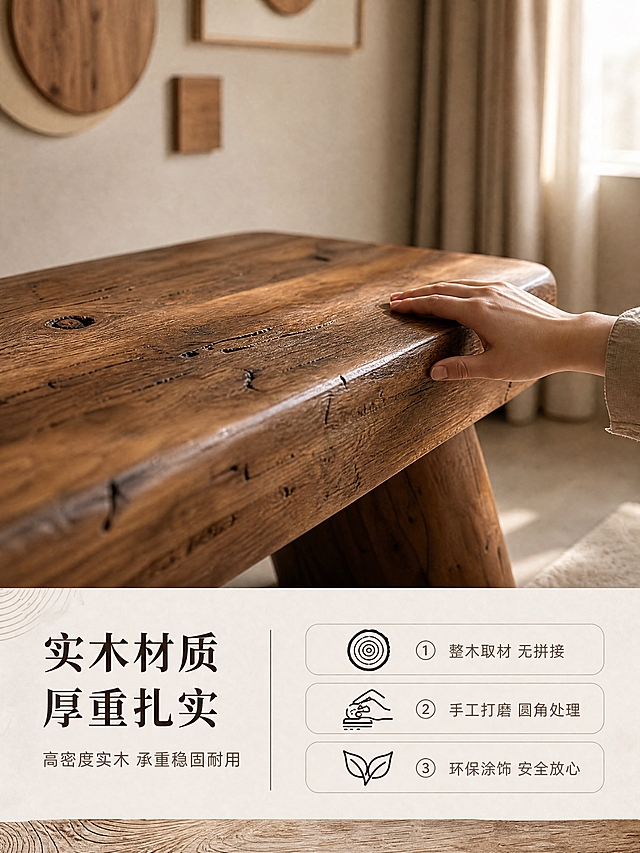 [商品] 使用【图4】复古色实木长条凳；保留整木结构、原木棕色调、天然木纹、自然裂纹，保留木材厚重质感与手工痕迹，不改变产品结构与颜色。
[画面] 页面目标：实木材质特写与工艺证明，体现用料扎实与工艺考究；上特写下说明构图，上方约2/3为材质特写场景，下方1/3为工艺说明区；产品凳面木纹局部特写占上半画面约70%，手部轻轻抚摸凳面边缘（体现触感）；前景为凳面木纹微距（清晰展现年轮、纹理走向、自然裂痕），中景为长凳主体局部，后景虚化的侘寂风空间（墙面装饰画、亚麻窗帘）；暖调侧光勾勒木纹立体感。
[视觉] 套系策略：风格=侘寂风极简高级家居商业摄影；标题字=宋体粗体（人文质感）；正文字=简洁无衬线体；主色=原木棕+米白；背景延展=基于米白与原木棕做深浅层级、同色渐变和微水泥/亚麻织物质感；强调色=炭黑色，仅用于小面积图标、引线和标签；标题色=深炭棕；正文色=中暖灰；组件=细线引线、圆角浅底信息卡、木质纹理装饰条；光影=暖调侧光，突出木纹肌理与手部质感，柔和自然。
[文字] 下方说明区分左右两栏：左栏主标题「实木材质 厚重扎实」（8字）+ 副标题「高密度实木 承重稳固耐用」（10字）；右栏3个工艺点带图标：「① 整木取材 无拼接」「② 手工打磨 圆角处理」「③ 环保涂饰 安全放心」；文字区背景为浅米白底，不遮挡产品主体。
[规格] 图片比例3:4竖版，分辨率4K，质量medium；避免变形、错字、文字过小、冷蓝/冷灰背景、产品颜色改变、木纹模糊、出现平台Logo/水印/极限词。