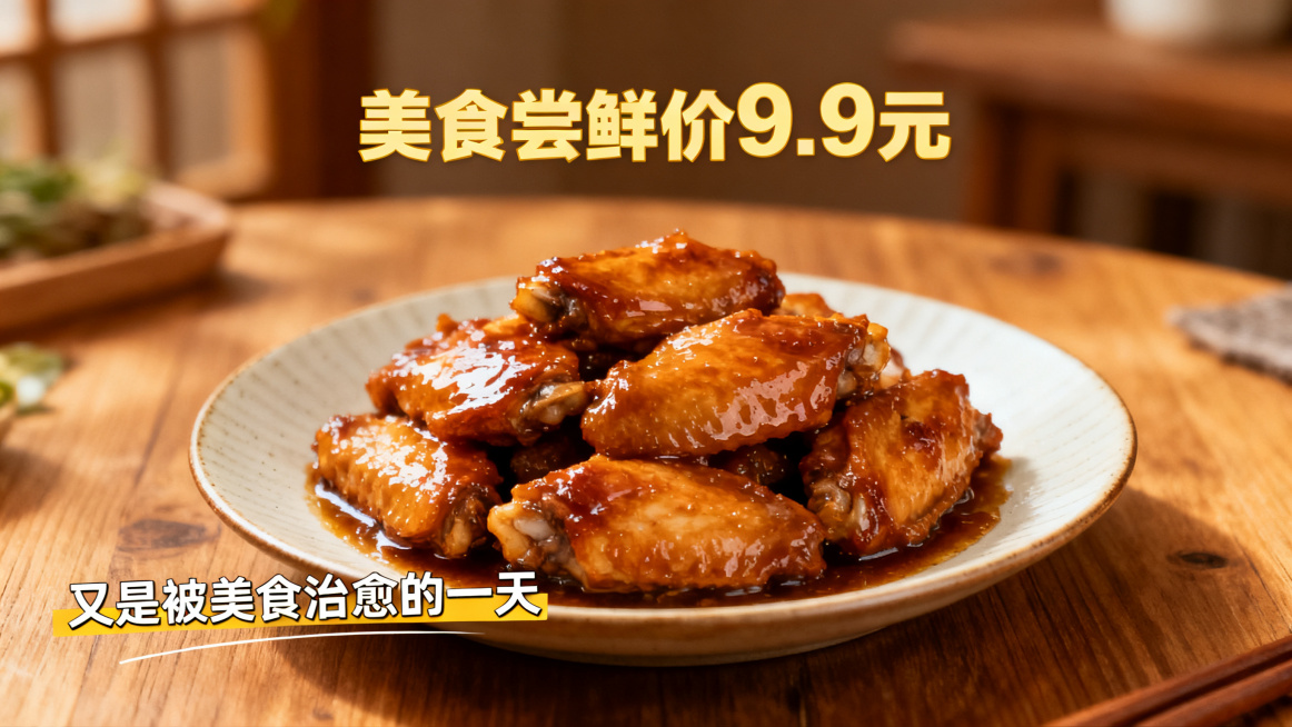 诱人的美食摆放在温馨简约的场景中，色彩温暖治愈，画面包含文案"美食尝鲜价9.9元"和"又是被美食治愈的一天"，整体氛围轻松愉快，美食看起来新鲜可口，令人食指大动预览效果