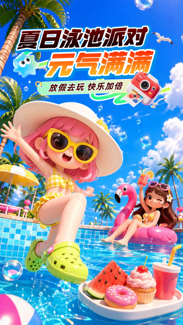 夏日元气派对3d全屏竖版海报预览效果