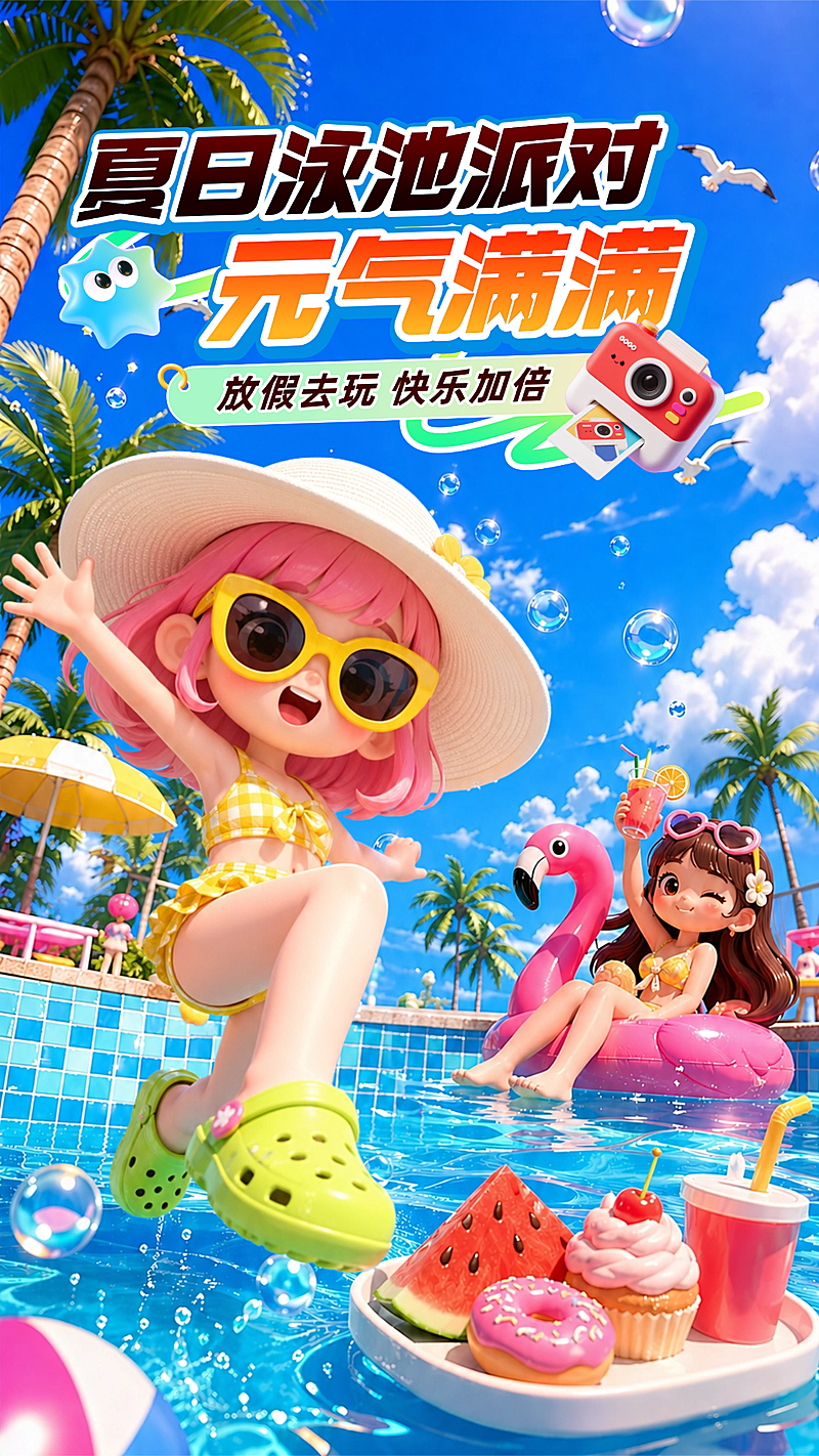 夏日元气派对3d全屏竖版海报