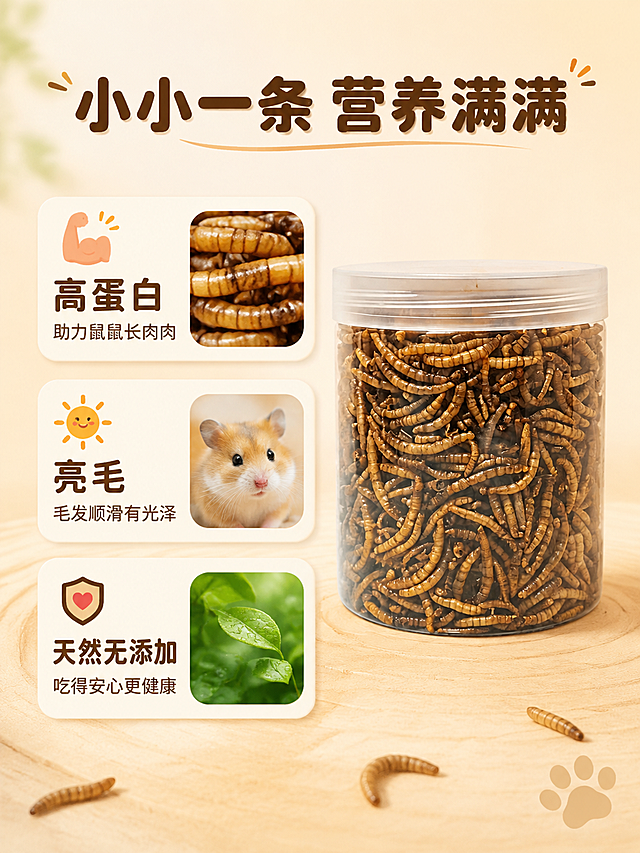 [第3张] 详情页核心卖点-高蛋白营养增肥亮毛功效页。本张使用【图1】作为商品主体。
[氛围/风格] 软萌信息卡风格 暖棕奶油色 圆角卡片 可爱图标 商业摄影质感。
[元素布局] 罐装面包虫干位于画面右侧中部 占比约40% 罐身完整展示。左侧竖向排列三个圆角米白卡片 每个卡片配一个可爱手绘风图标。第一个卡片：肌肉小图标+虫干微距小窗 讲高蛋白。第二个卡片：太阳光芒图标+亮毛小宠头像小窗 讲亮毛。第三个卡片：爱心盾牌图标+天然叶子小窗 讲无添加。背景为奶油米色渐变 底部有轻微木纹纹理 散落2-3条面包虫干点缀。保持罐装面包虫干外观与输入产品图绝对一致。
[光影质感] 左上方主光源 暖柔光 罐身有自然高光 卡片有轻微投影浮起感 整体通透柔和。
[配色色系] 全局底色 #FFF5E6 奶油米黄；主色暖棕；卡片色米白 #FFFAF0；强调色少量浅橙红；标题色深棕。
[视角构图] 左右构图 左侧信息卡右侧产品 视觉平衡 阅读动线从上标题 → 左卡片 → 右产品。
[文字版式] 顶部大标题「小小一条 营养满满」 深棕色圆润粗体最大号 居中。三卡片各有主副标题 卡片一「高蛋 白」「助力鼠鼠长肉肉」 卡片二「亮 毛」「毛发顺滑有光泽」 卡片三「天然 无添加」「吃得安心更健康」。卡片主标题粗体较大 副标题较小 均为深棕色圆润字体。右下角小爪印装饰。
[比例分辨率] 3:4竖版比例 4K分辨率 文字清晰可辨。
[负向提示词] 变形 水印 文字错乱 产品图模糊 背景杂乱 电商平台Logo。