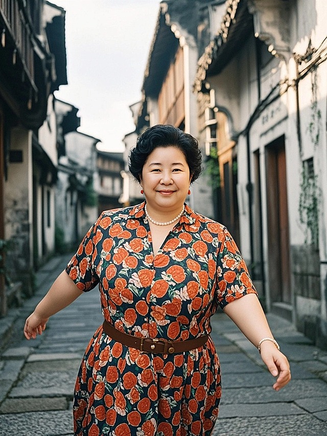 一名中年母亲，胖胖的，70年代复古穿搭，在乌镇小巷散步，眼睛看着镜头，保留人物脸部特征