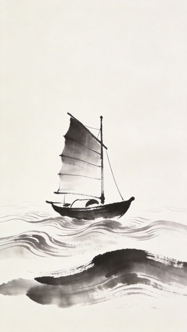 水墨简笔帆船，极简线条，淡墨海浪，中式水墨风格，低细节，留白充足，宣纸肌理，淡墨晕染，黑白单色，中式禅意，扁平写意，无阴影，无渐变预览效果